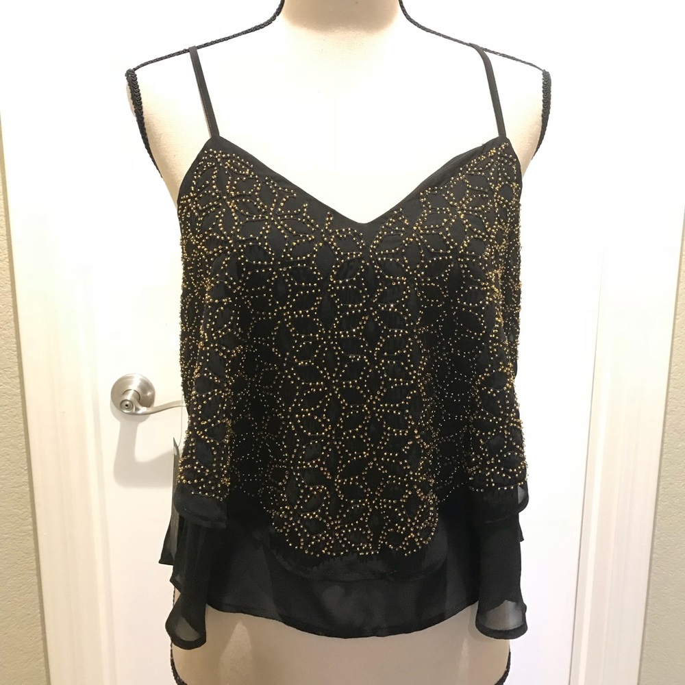 Black Bebe Embellished Gold Chiffon Top